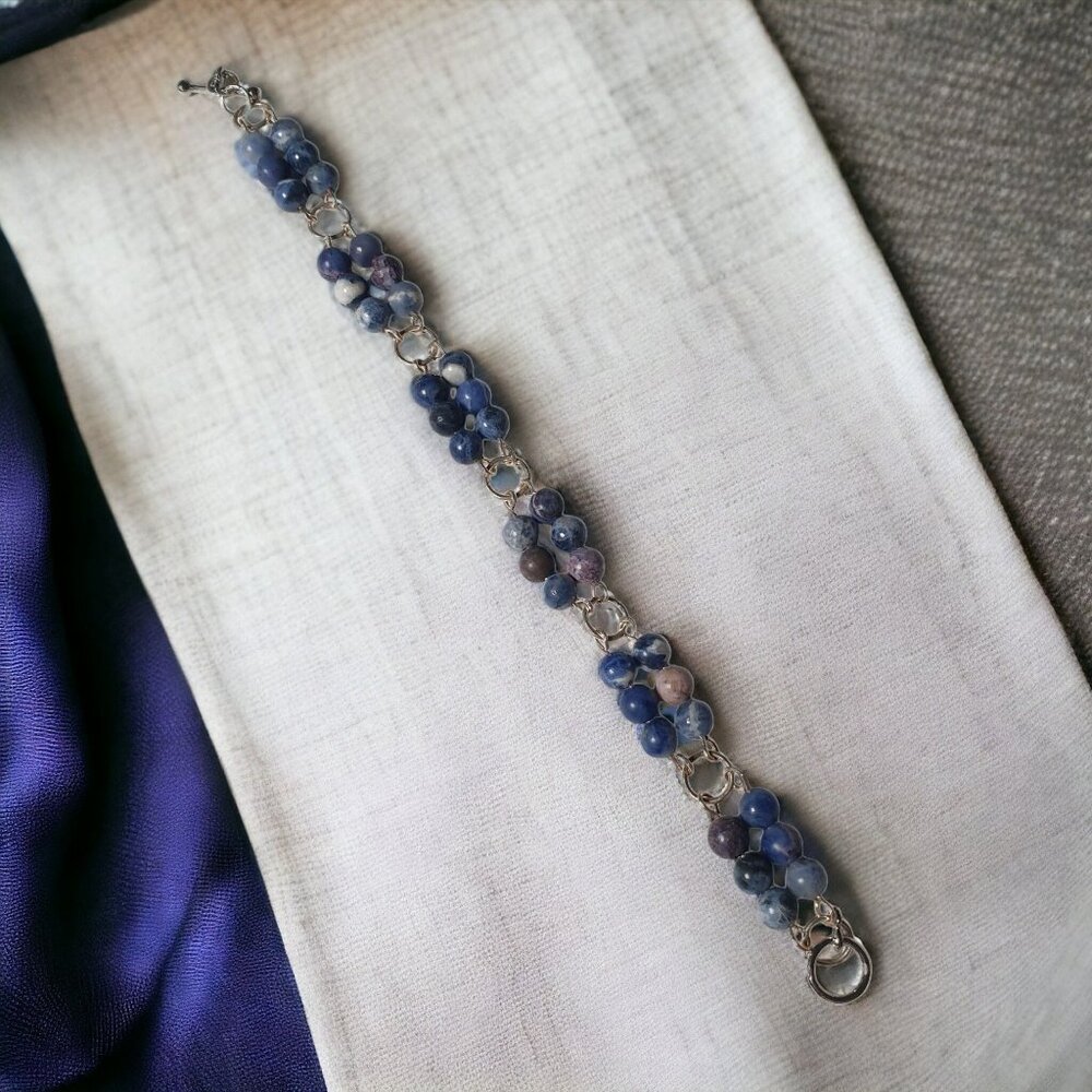 Women Bracelet 8" Silver Tone With Blue Stone Fashion Costume Jewelry